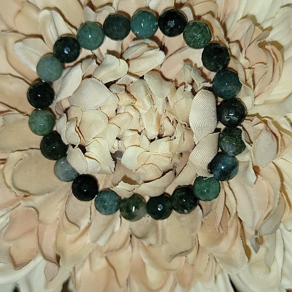 🎁 Faceted Moss Agate Natural Gemstone Stretch Bracelet 8 MM New Hand Crafted
